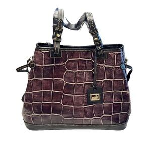 DOONEY & BOURKE CROC EMBOSSED COGNAC W/BLACK ACCENTS LEATHER TOTE SHOULDER BAG